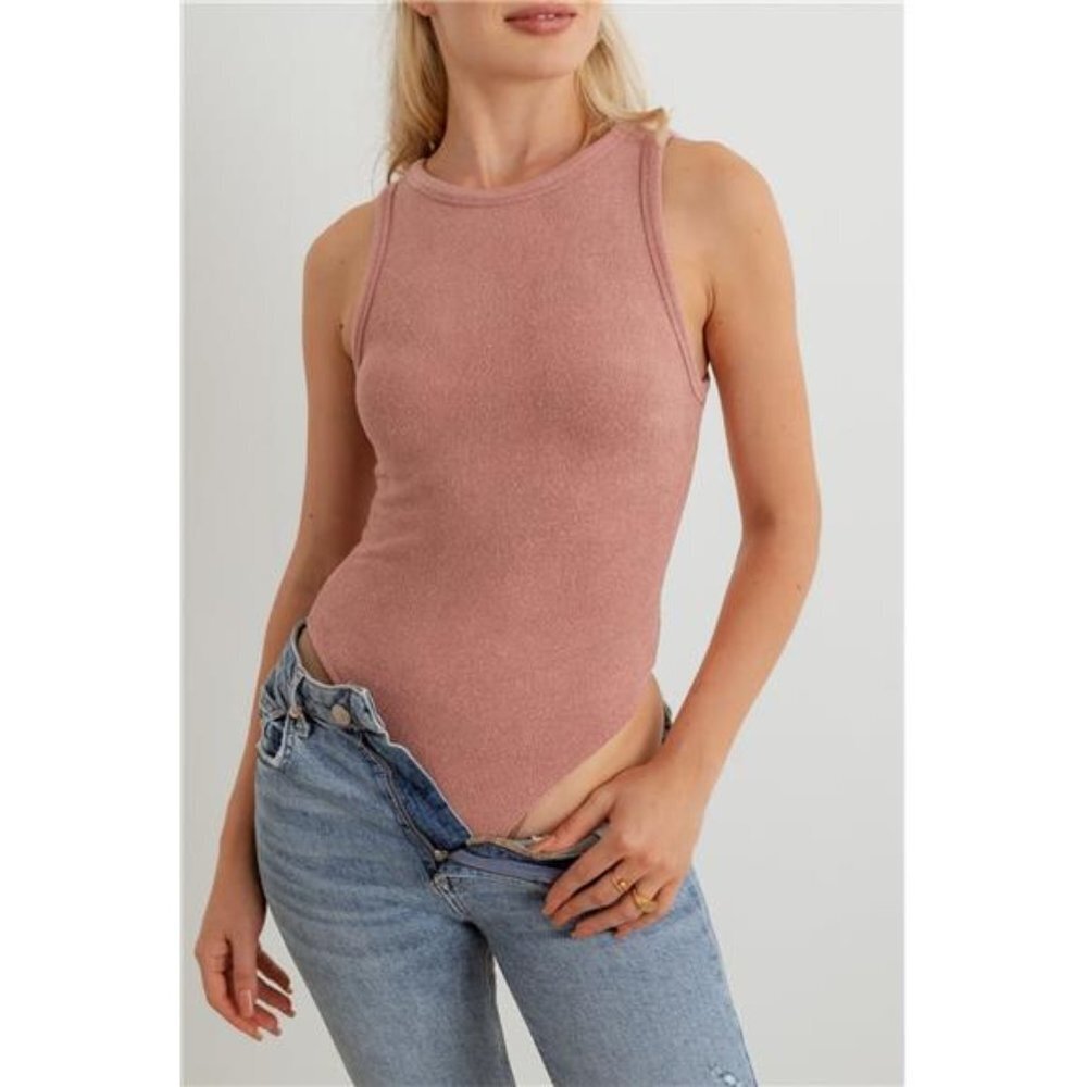 Mauve Knit Sleeveless Crew Neckline Thong Double Snap Closure Bodysuit For Women